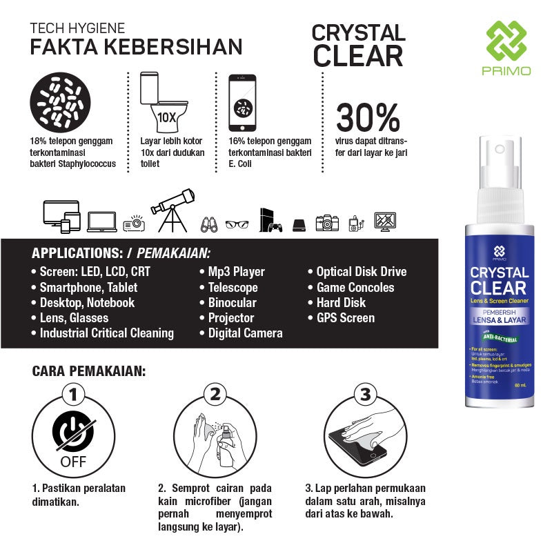 Crystal Clear Pembersih Gadget 60mL - Pembersih Gadget, Lensa, Layar, Disinfektan Antiseptik