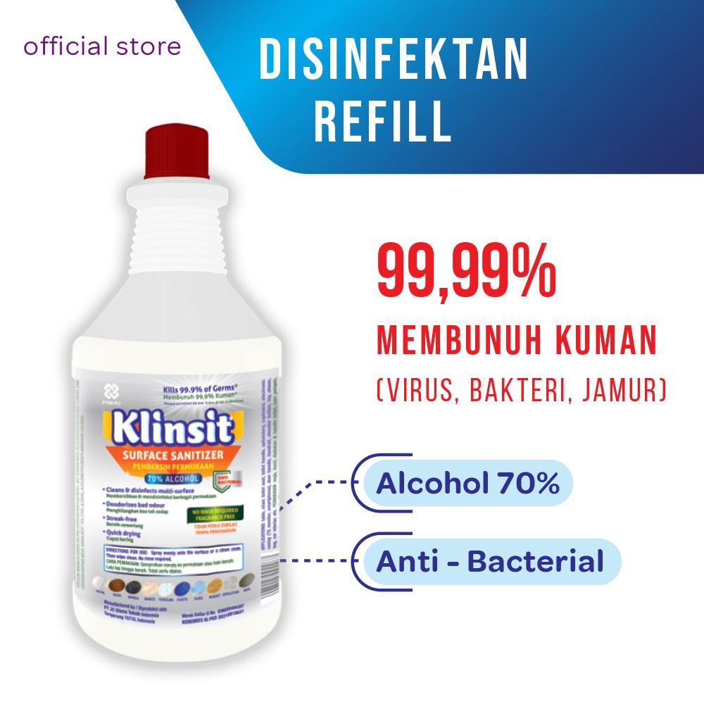 Klinsit Disinfectant Spray 1L - Alcohol Food Grade 70%
