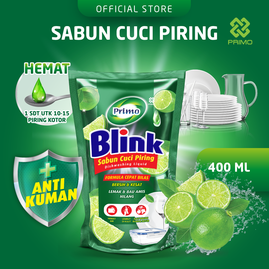 Blink Pencuci Piring 400mL - Sabun Cuci Piring Jeruk Nipis (Konsentrat Asli, Tanpa Pengental)
