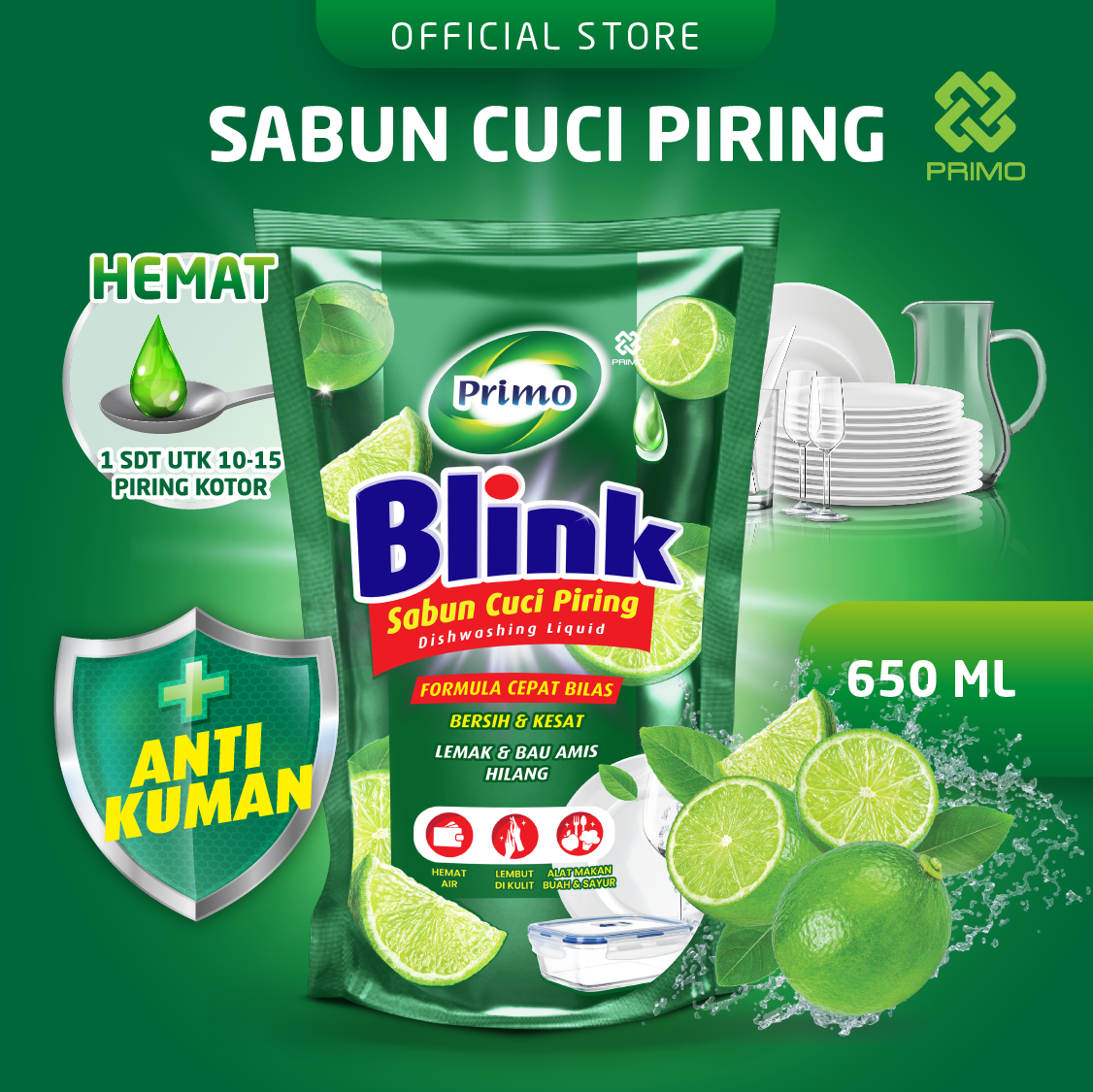 Blink Pencuci Piring 650mL - Sabun Cuci Piring Jeruk Nipis (Konsentrat Asli, Tanpa Pengental)