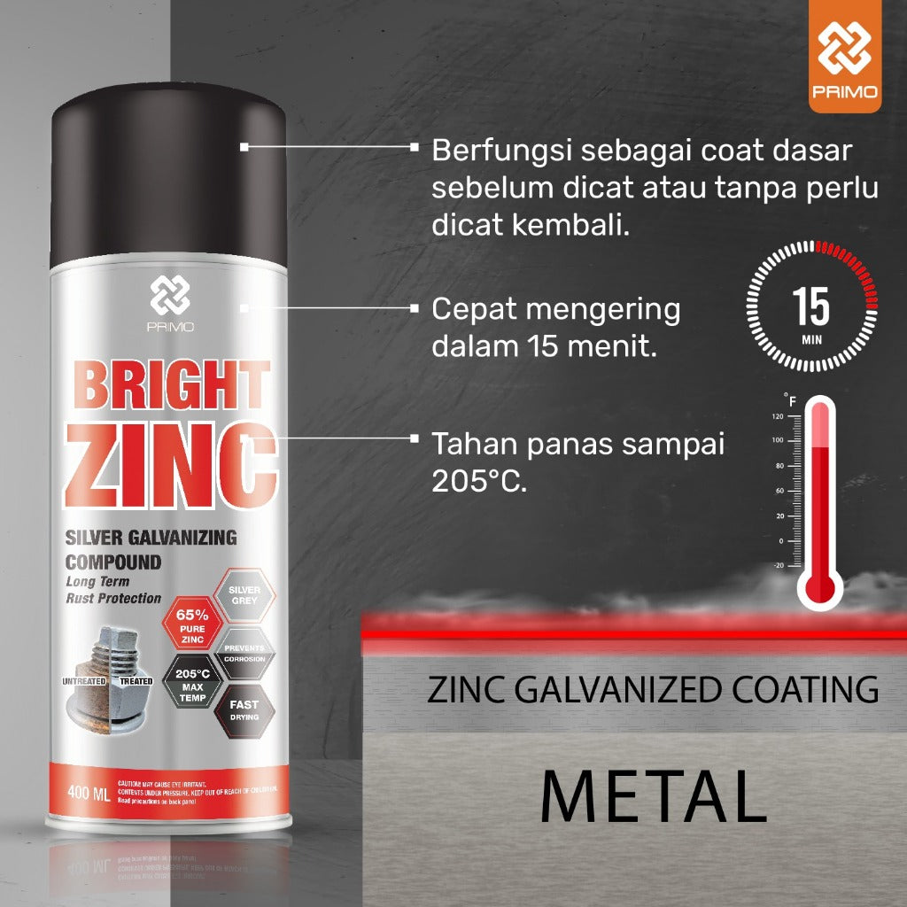 Bright Zinc 400mL - Cat Anti Karat & Korosi (Tugas Sedang - Warna Silver Metalik)