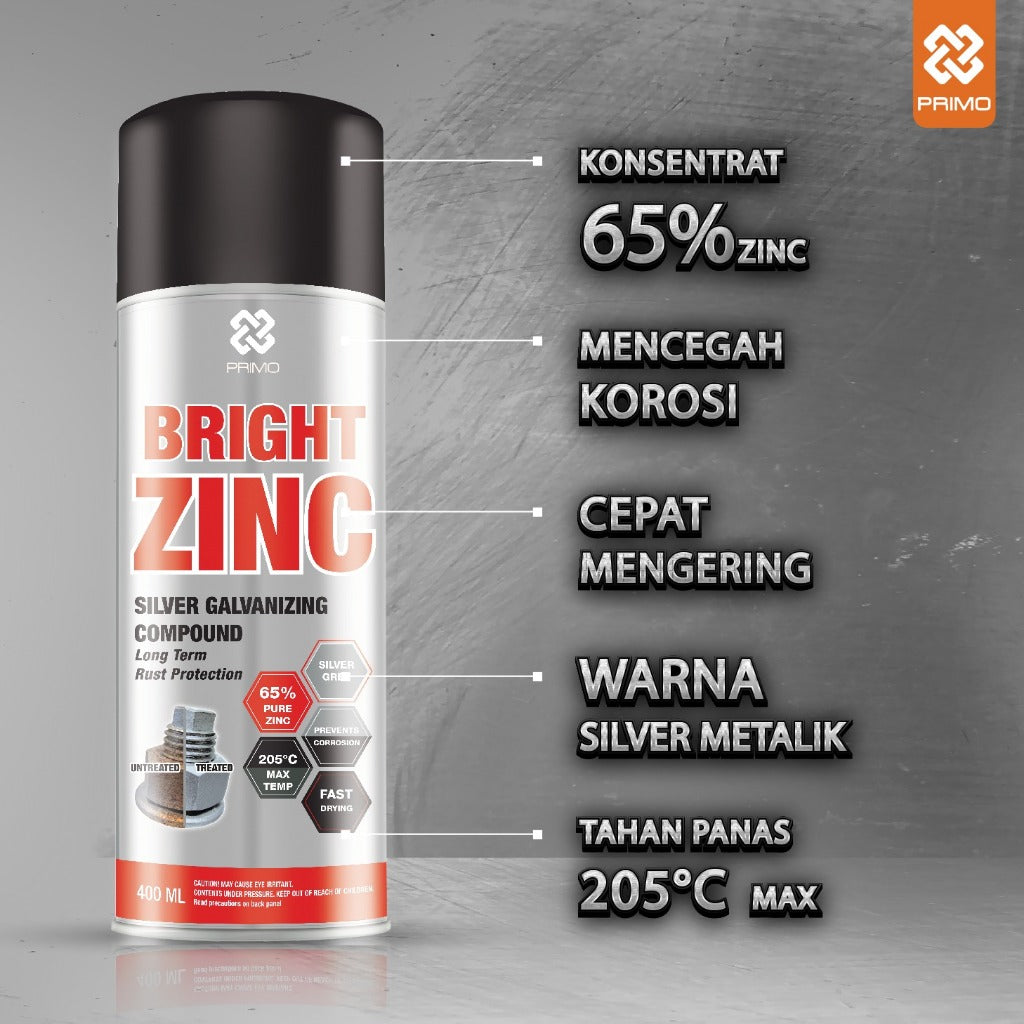 Bright Zinc 400mL - Cat Anti Karat & Korosi (Tugas Sedang - Warna Silver Metalik)
